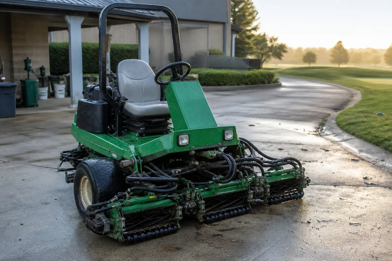 Golf course mower cutting fairway turf