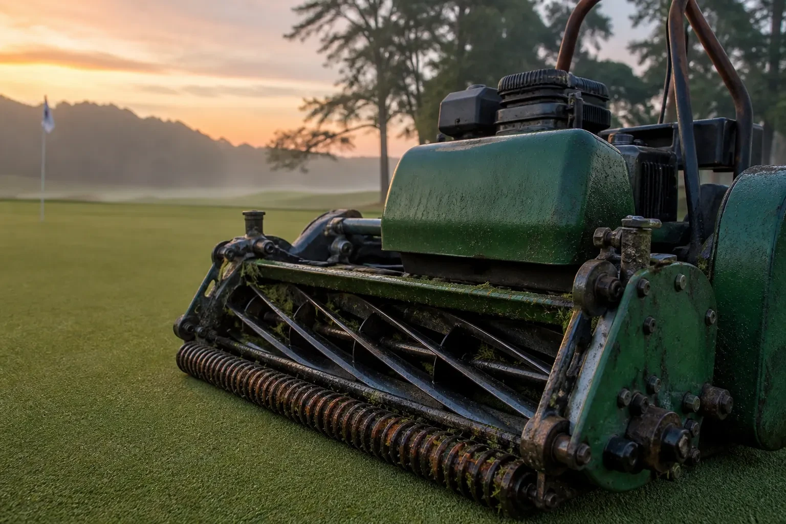 Golf greenkeeping equipment staged for course maintenance work