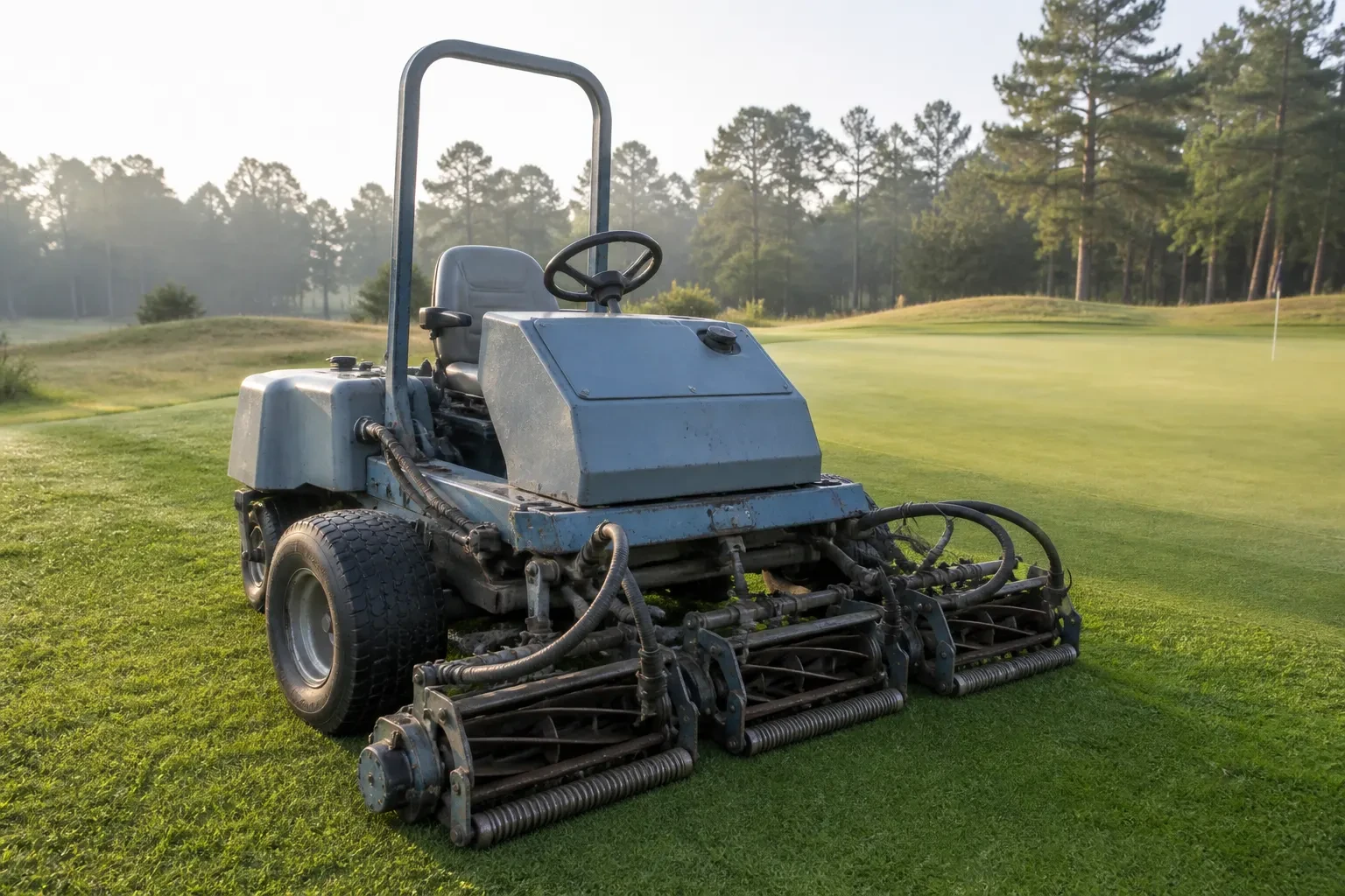 Jacobsen reel mower near a clubhouse maintenance area